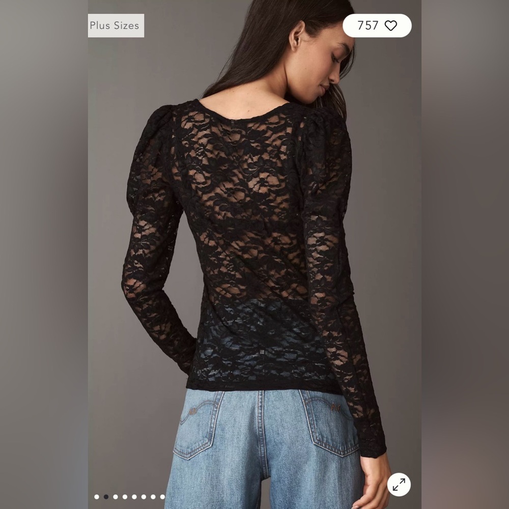 Anthropologie Black Puff Sleeve Lace Top - Picture 2 of 8